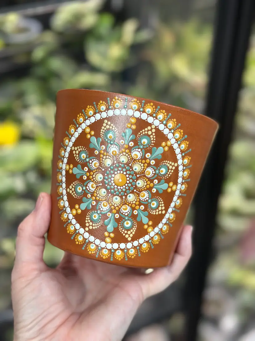 PRE-ORDER 4.7 inch terracotta pot (4.7 x 4.25) Terracotta/greens, yellows spring