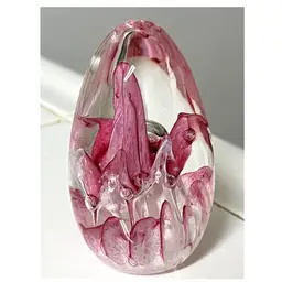 Hand Blown Egg Shaped Pink Clear Paperweight Glass Art Controlled Bubbles 3.2 in