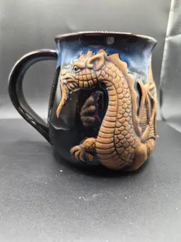 Handcrafted Azul Pottery Dragon Mug Blue & Brown Ceramic Large Coffee Cup Heavy