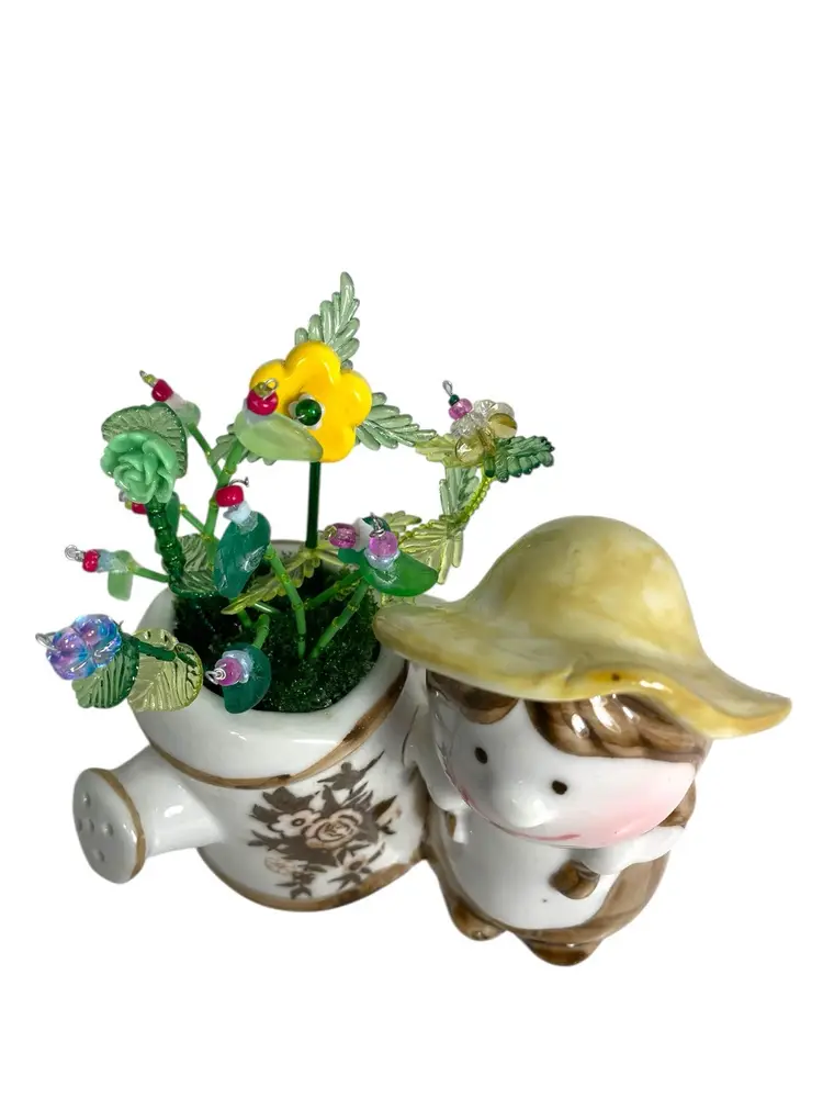 Forever Plant Beaded Flowers Vintage Mini Planter Girl With Watering Can Assembled Made By Me