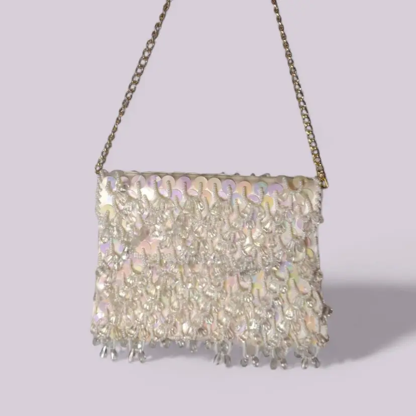 Vintage Beaded Sequin Mini Handbag Purse Hong Kong Cream Party Evening READ