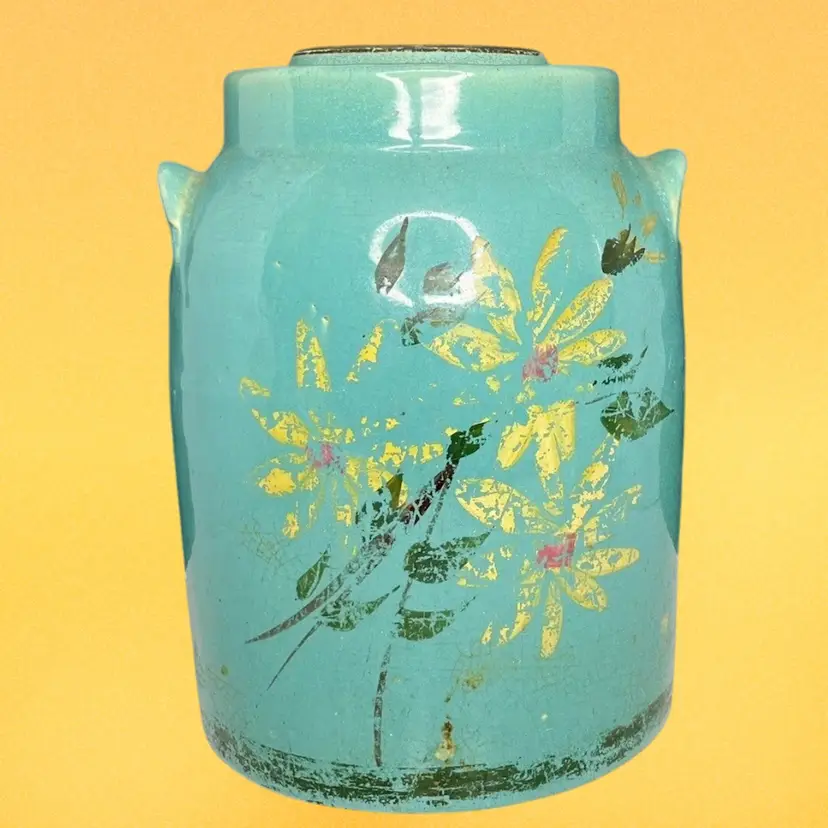 Atq Turquoise Hand Painted Crock Jar with Original Lid Lug Handles Primative