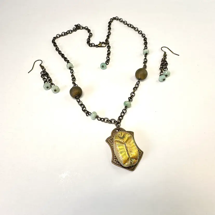 Jewelry Set Scarab Necklace Earrings Set Bead Accents Brass Tone Handmade 20”L B25