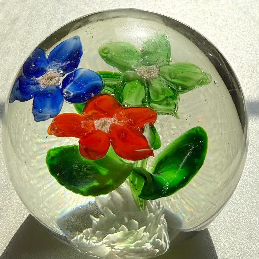 Vibrant Floral Clear Glass Paperweight 3”