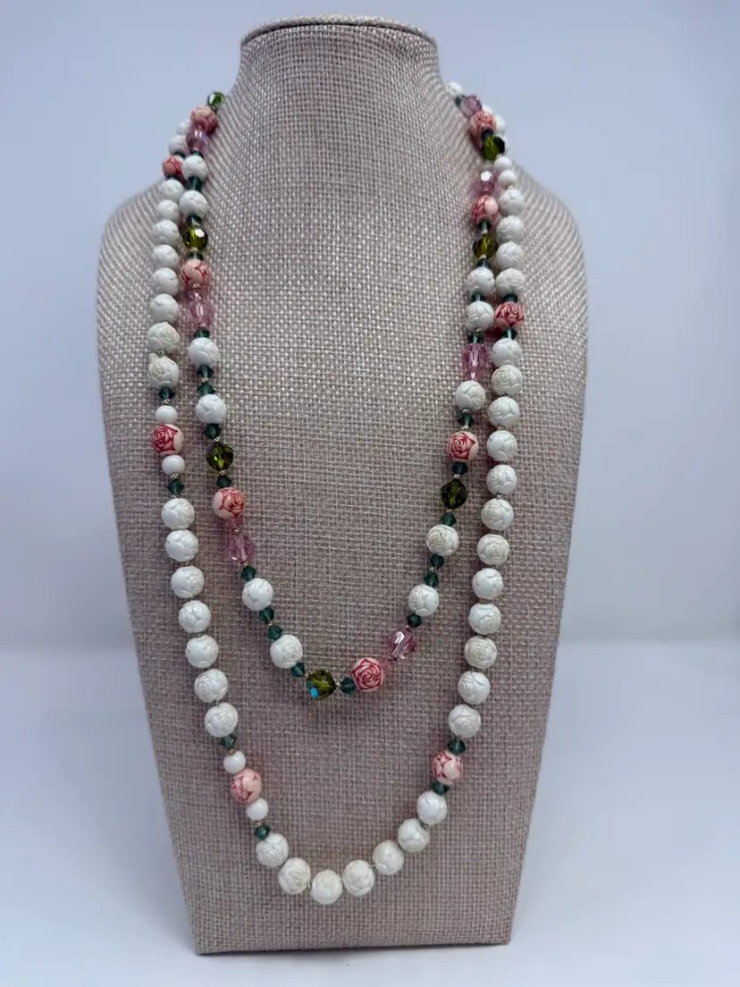 Vintage Rose Bead And Iridescent Glass Necklace