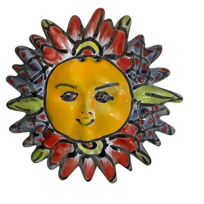 21 Talavera Mexican Pottery Hand Painted Sun Face Folk Art Wall Hanging Decor Feature Red Flowers