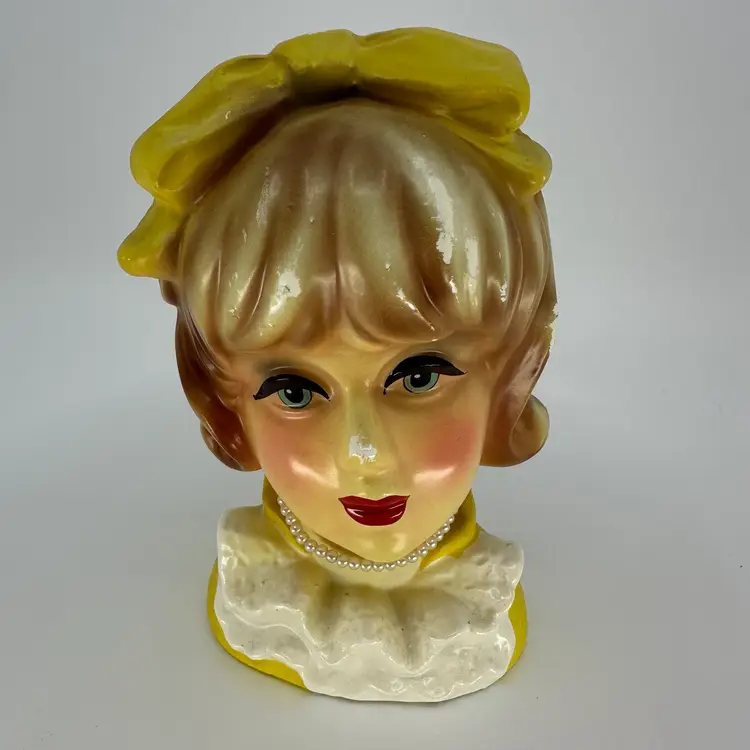 Lady Head Vase Planter Yellow Dress & Bow w/ Pearl Necklace