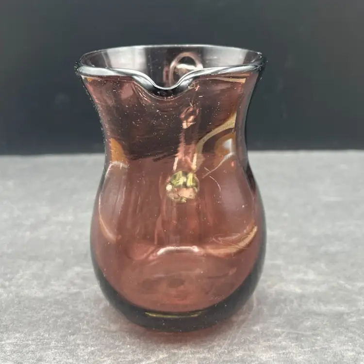 #232B Vintage Hand Blown Open Creamer Pitcher In a Smokey-Purple Color With a Clear Applied Handle. Not Signed