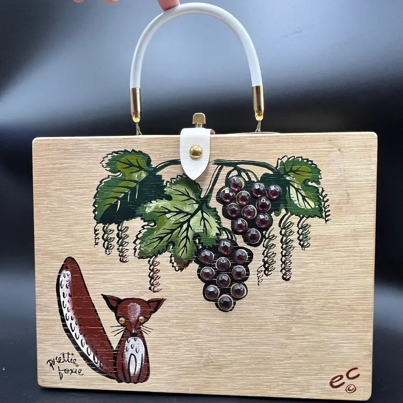 Enid Collins Prettie Foxie Wood The Original Box Bag Purse Fox Grapes 1962 Texas
