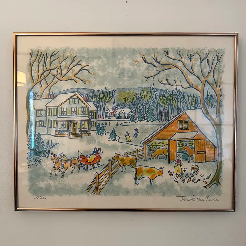 Frank Van Doreen Original Signed 29/300 Winter Farm Scene Lithograph Framed Art