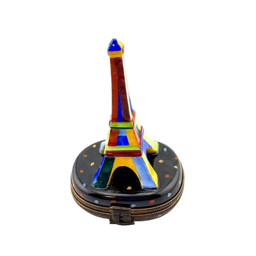 Vintage Limoges Eiffel Tower Trinket Box 3.75” Tall x 2.25” Wide x 2” Deep Rainbow Flag Colors