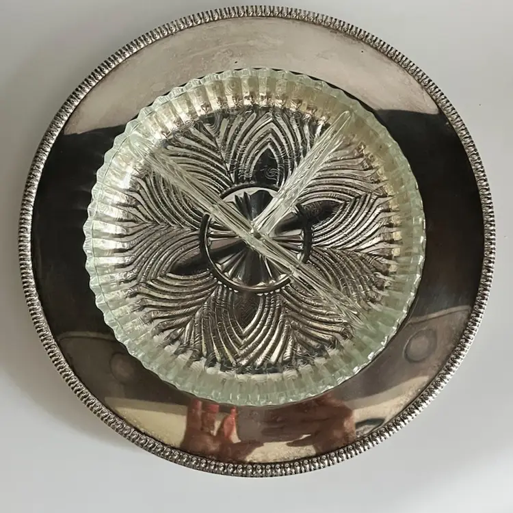 Rogers 10.25” Silverplate Tray with 7.25” Pressed Glass Relish Insert – Pattern 4311