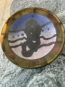 Raku Studio Pottery 12" Round Wall Hang or Decor Bowl Figural Motif Artist Signed