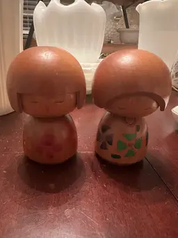 “Vintage Japanese Kokeshi Dolls Hand-Painted Floral Wooden Figurines Mid-Century