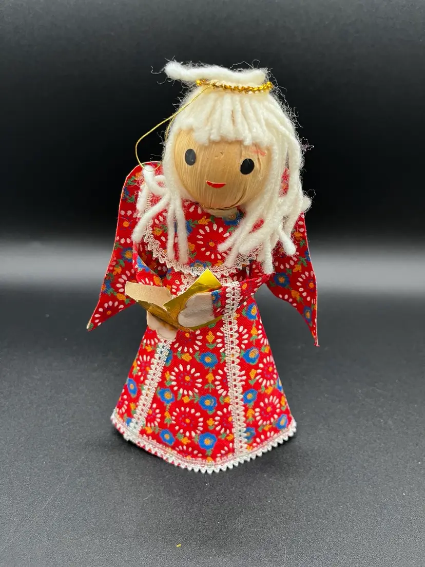 Hand Made Red Multicolor Paper & Fabric Angel Ornament 7.25' 😇