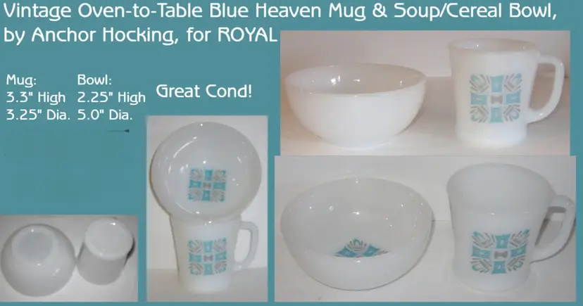Vintage Oven-To-Table Blue Heaven Mug OR Bowl, By Anchor Hocking for Royal