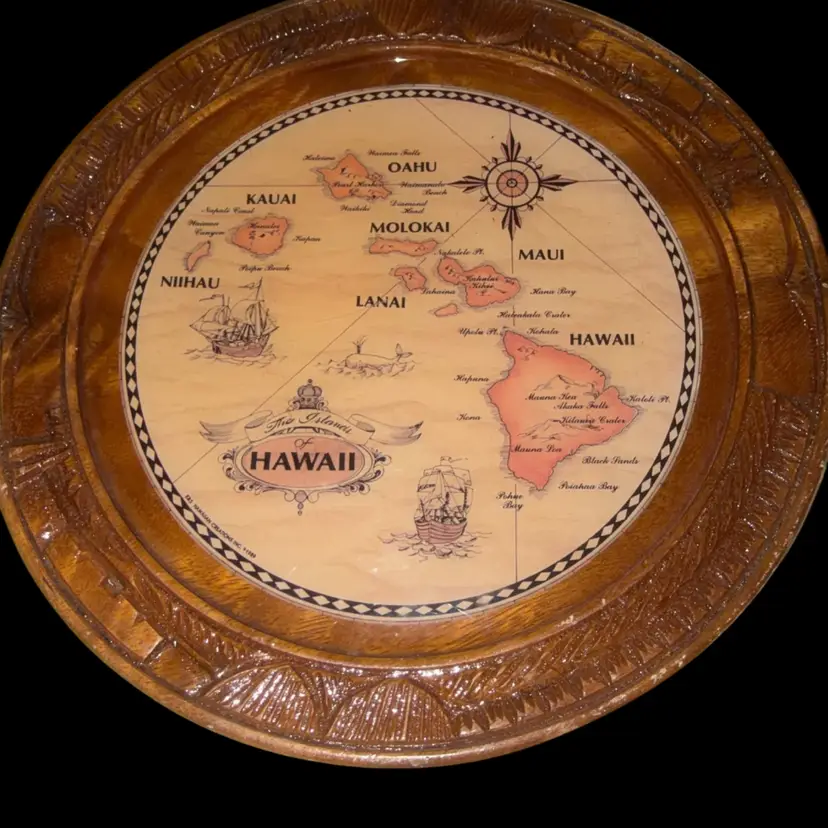 Map Of The Hawaii Islands In A Round Wooden Frame