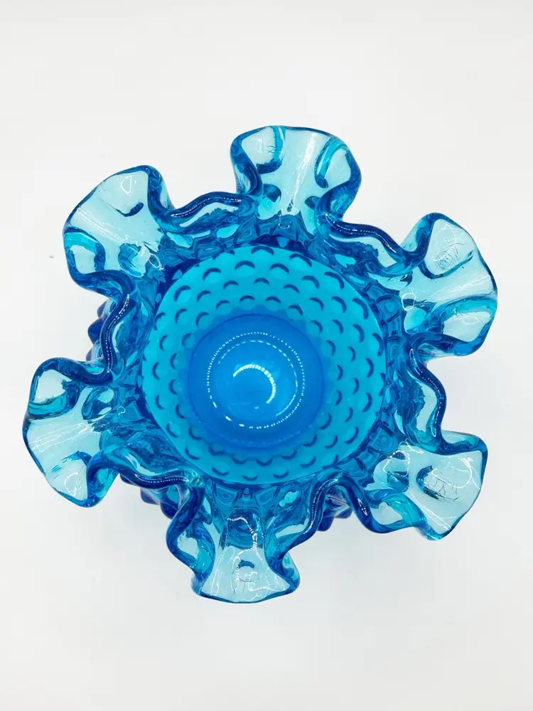 Fenton Colonial Blue Hobnail Ruffled Vase