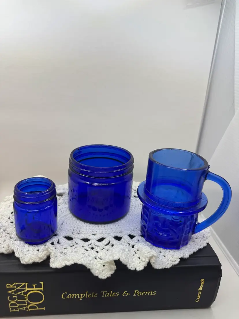 Set Of 3 Vintage cobalt blue Glass Vessels, Planters Cup Has Crack-see Pic