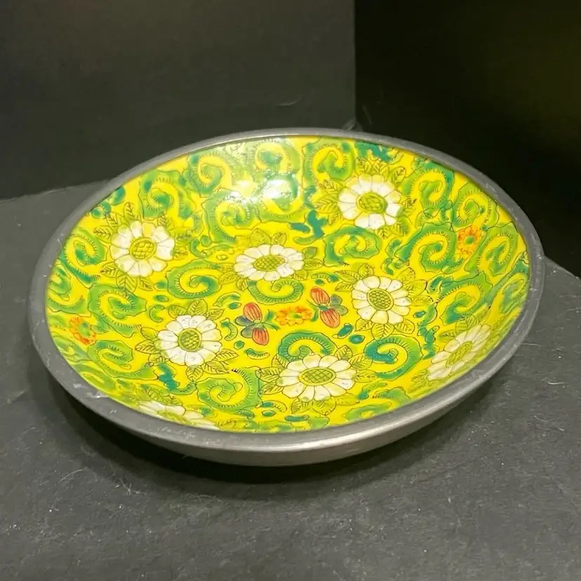 Neiman Marcus Enamel On Porcelain Trinket Dish In Pewter, Hong Kong, Vintage ~1.5” x 5.75” diameter