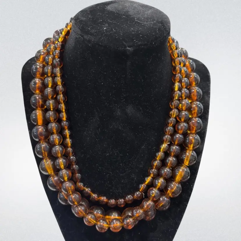 Set of 3 Amber-Tone Stretch Bead Necklaces – Graduated Bead Sizes – 18” Each