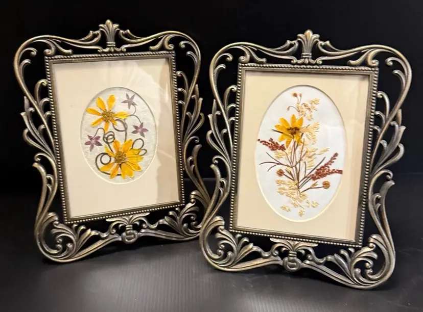 2 Metal Filigree Frames With Pressed & Dried Flowers & Leaves