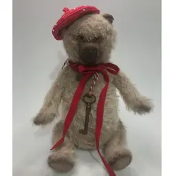 #01 Artist Handmade OOAK Mohair Pot Belly Bear Red Beret & Skeleton Key Around Neck