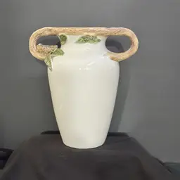 #1379 Vintage, Large Ceramic Vase, Double Handle, Decorated With Applied Leaves and a Bird Nest With Eggs, Rustic, Woodland, Nature