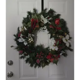 Christmas Poinsettia Wreath Red White Gold Berries Pine Cones Holiday Decor