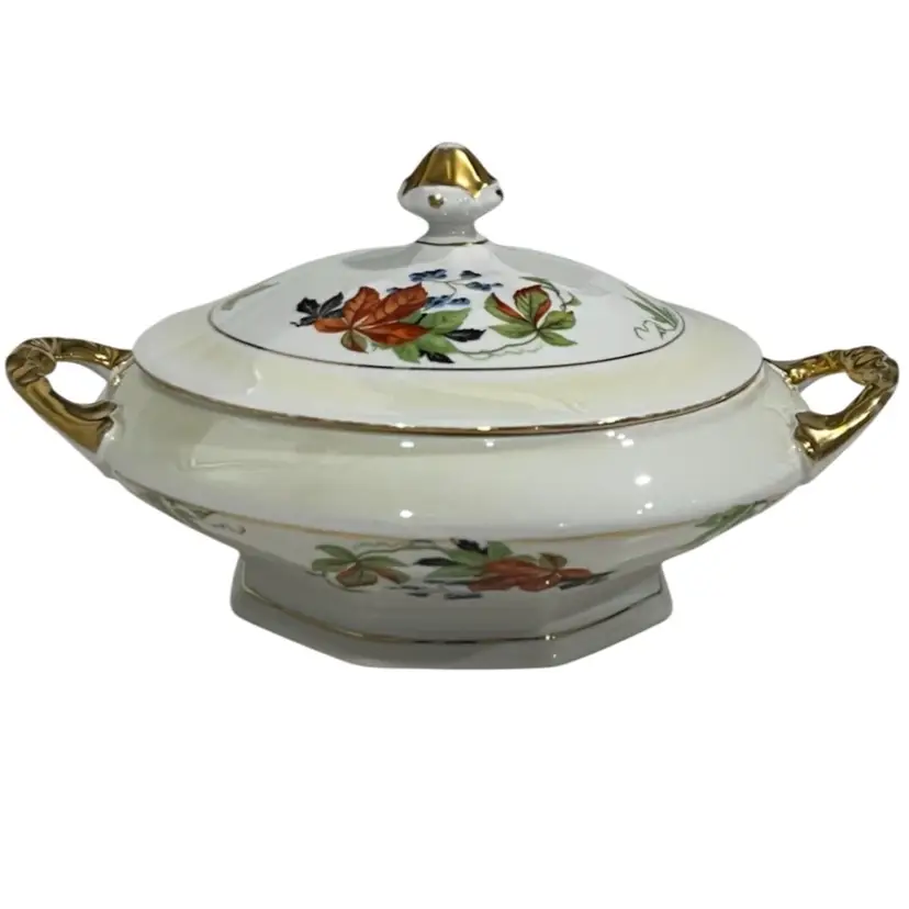 Antique- German AMC China- Koenigszelt Silesia -Covered Vegetable Bowl/Soup Tureen 11” Wide, 5.75” Tall