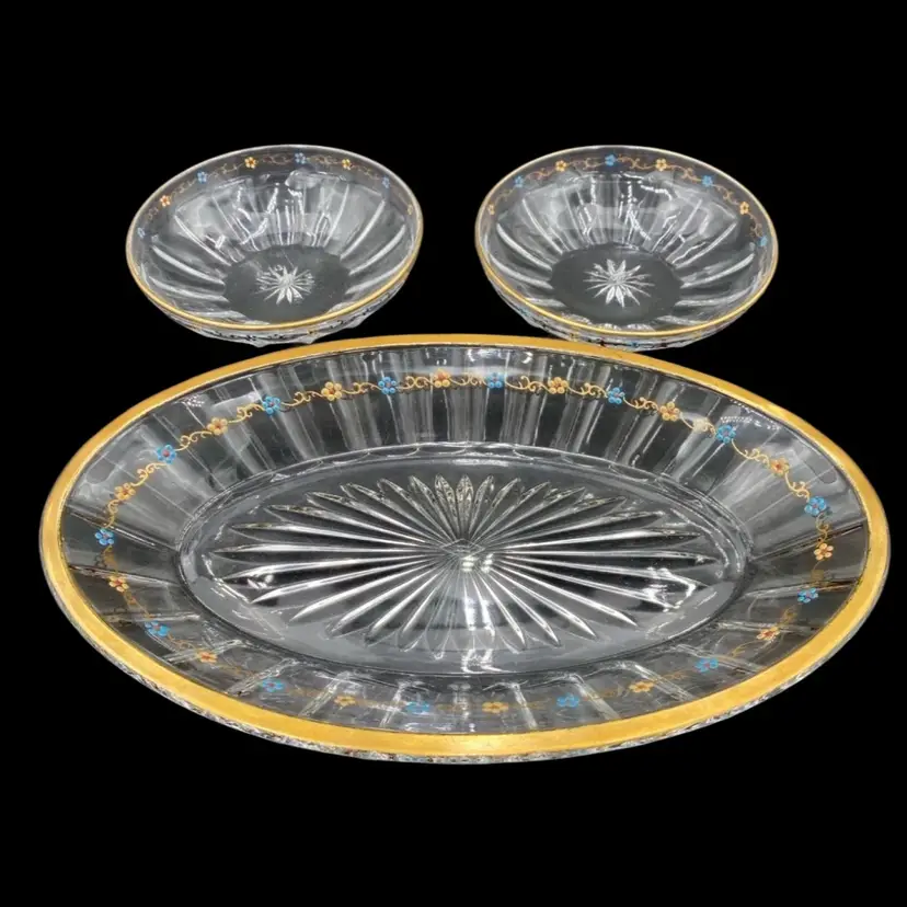 Antique Heisey Glass Dish Set (3), Narrow Flute, Hand-Painted w/Gold and Flowers