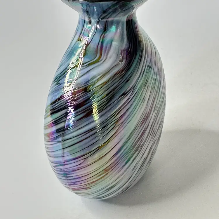 Vintage Iridescent White Black Swirl Art Glass Perfume Bottle with Stopper