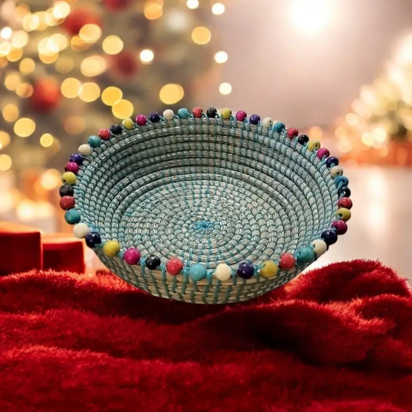 Teal Seagrass Basket Woven Wood Beads Folk Art Multicolor 12" Diameter
