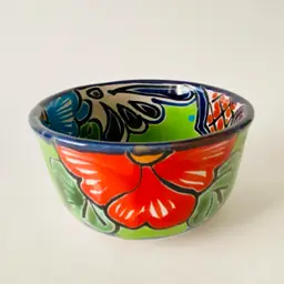 Talavera Pottery Bowl 4.25" Colorful Hand Painted Stoneware Mexico Green with Red and Blue. 2.5" tall and 4.25" wide. All sides shown.