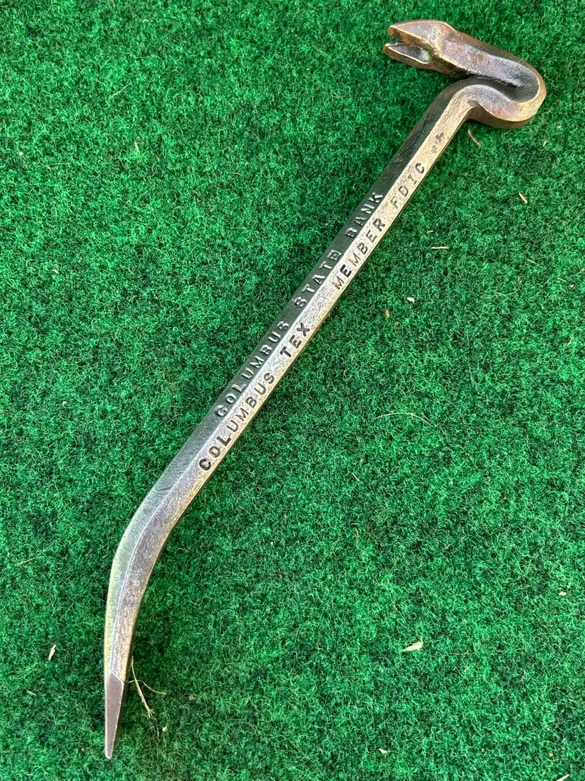 Vintage1940s Nice Advertising Nail Puller Pry Bar Crate Opener Columbus Texas State Bank Detailed Metal Work