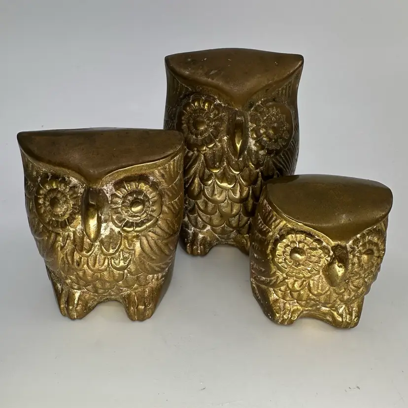 Solid Brass Family Of Owls Set/3- 3.25”