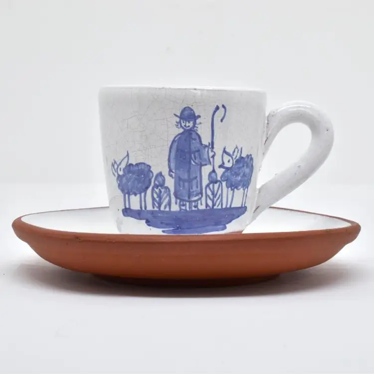 Hand Painted Terracotta Demitasse Cup / Saucer, Blue & White, Portugal, 1972