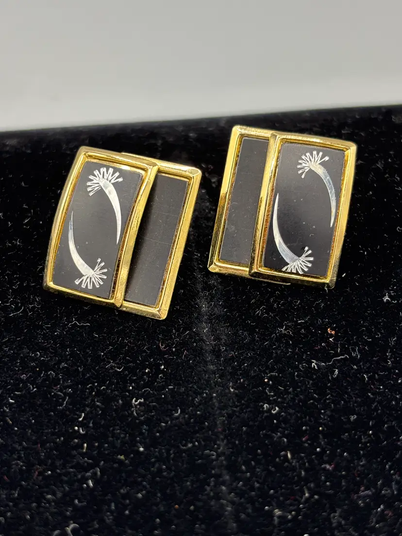Gold tone Black Enamel clip on earrings