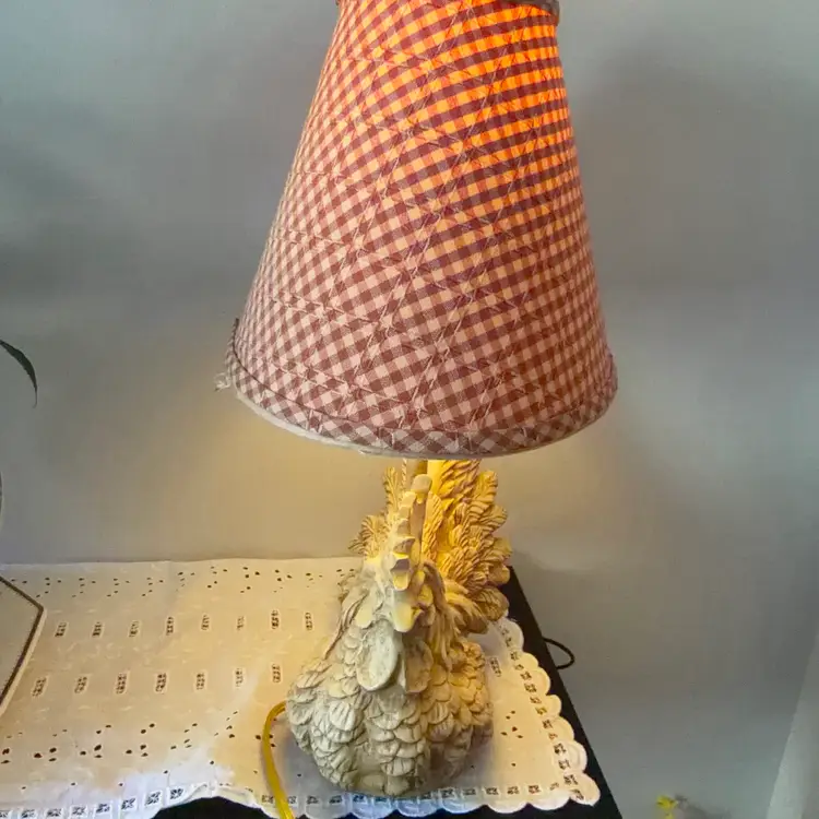 Vintage Hand-carved rooster wing lamp with a plaid fabric shade. Cottage-Core
