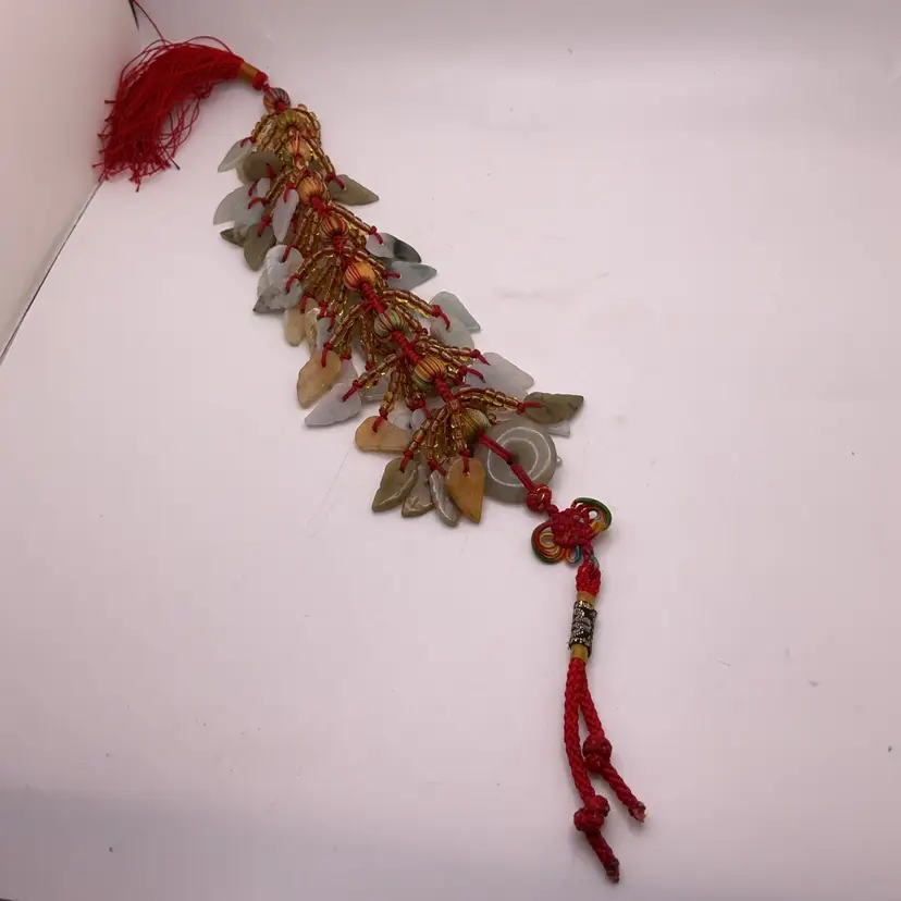 POW3 Chinese Decorative Charm with Stone Leaves and Braided Elements 15”