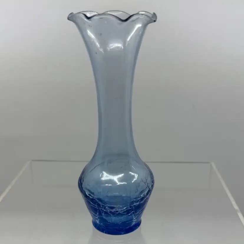 Vintage hand-blown blue crackle glass bud vase with ruffled rim.