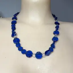 Vintage Artisan Made Blue Faceted Glass & Clear Crystal Necklace 20”