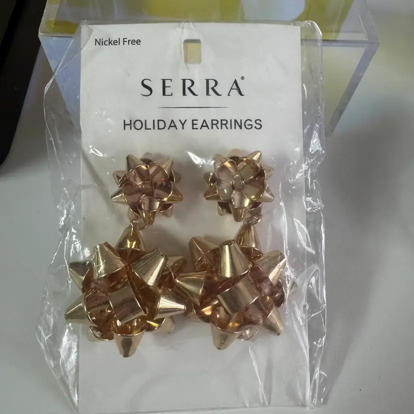NEW! Post Back Gift Bow Pierced Earrings About 2” Gold Tone Metal