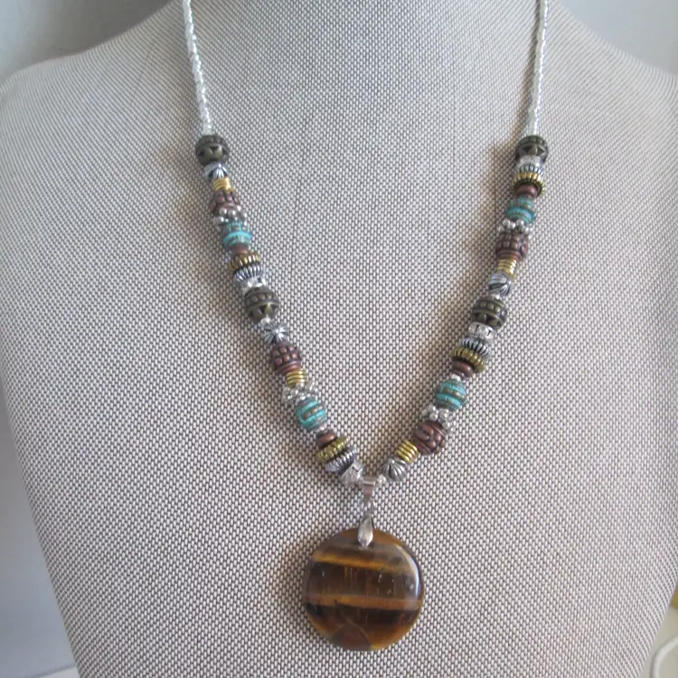 Vintage Metal Beaded Necklace with Lovely Polished Natural Tiger Eye Pendant