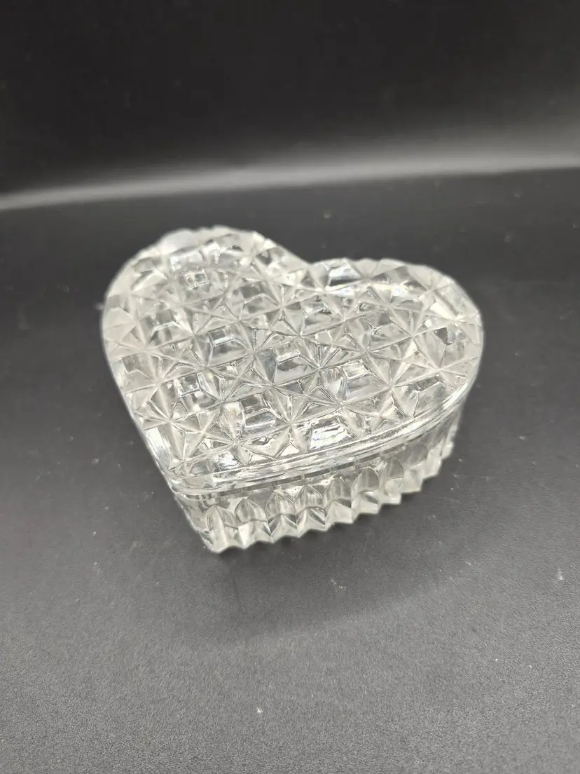 Heart-Shaped Pressed Glass Trinket Box Lid 3.5" Elegant Jewelry Holder READ