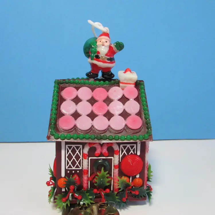 vintage plastic Santa gingerbread cabin Christmas chimes with box