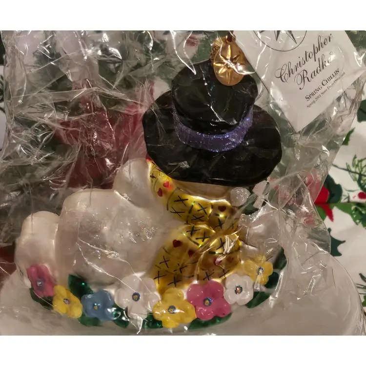 New Sealed Xmas Vtg 2001 Radko Spring Chillin’ Glass Snowman Ornament Tag