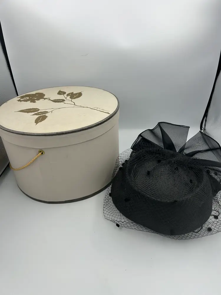 Vintage Hat Box With Fascinator, Pillbox, Hat, Large Bill With Pearls And Polkadot Netting
