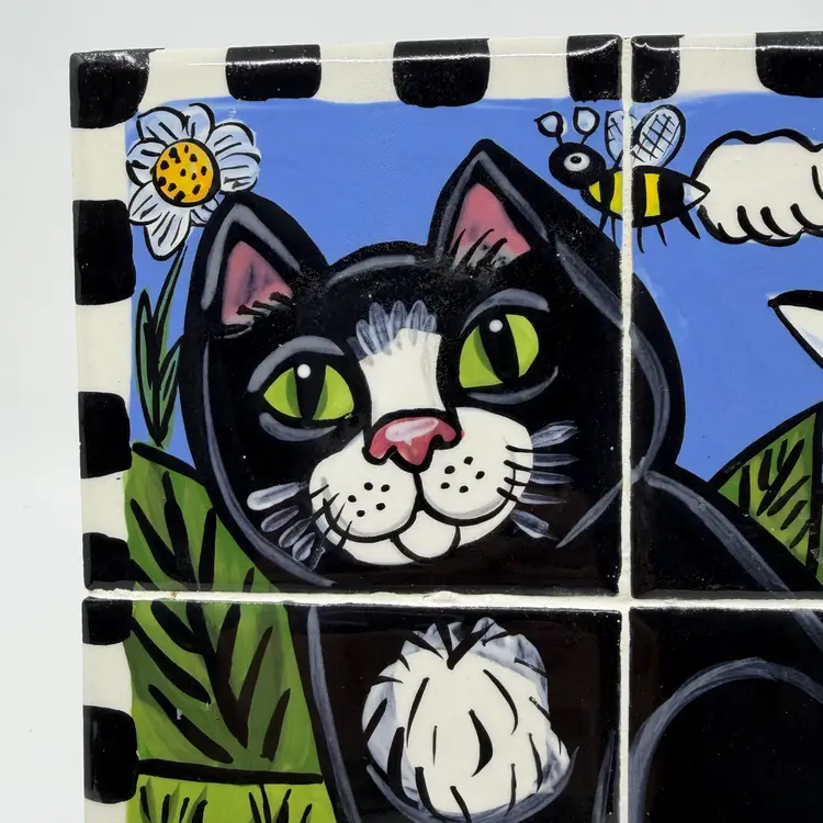 Hand Painted Tiles Wall Decor Artwork Black & White Cat Florals Bee Ladybugs 9”