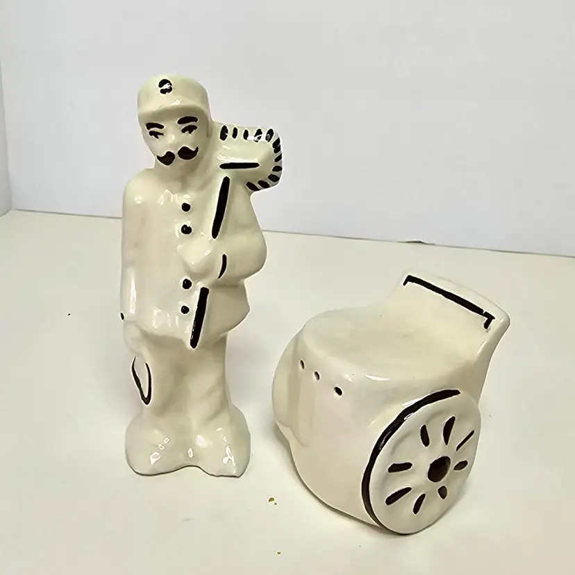 Vintage Ceramic Street Sweeper Salt And Pepper Shaker Set, Hand Painted